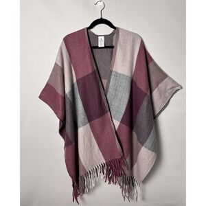 Woolrich Poncho Wrap Womens One Size Pink Gray Plaid Fringe Open Front Cape